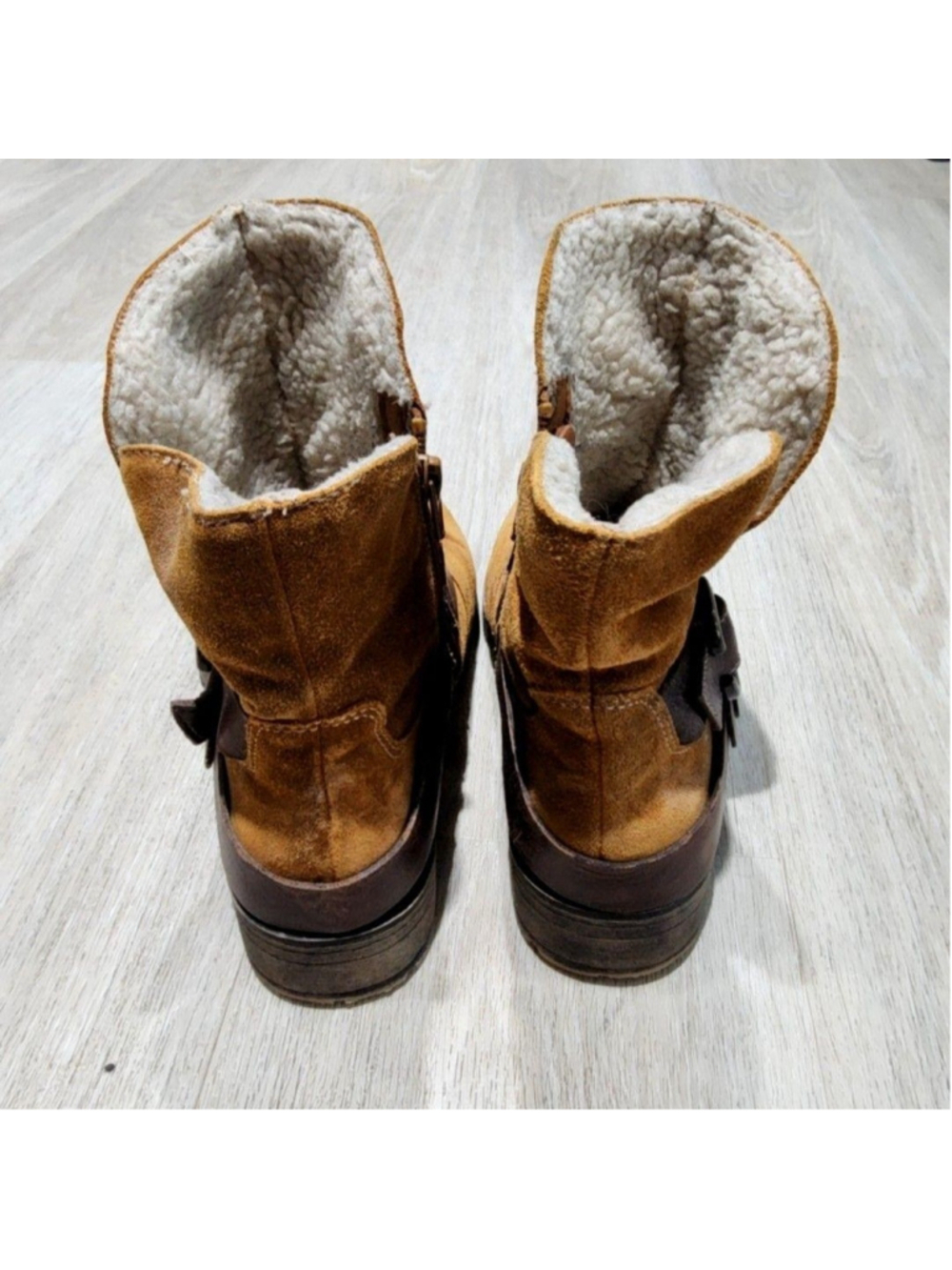 Biker Boots Womens 7 Brown Suede Faux Fur Lined Ankle Zip Buckle Winter Casual - Picture 4 of 9